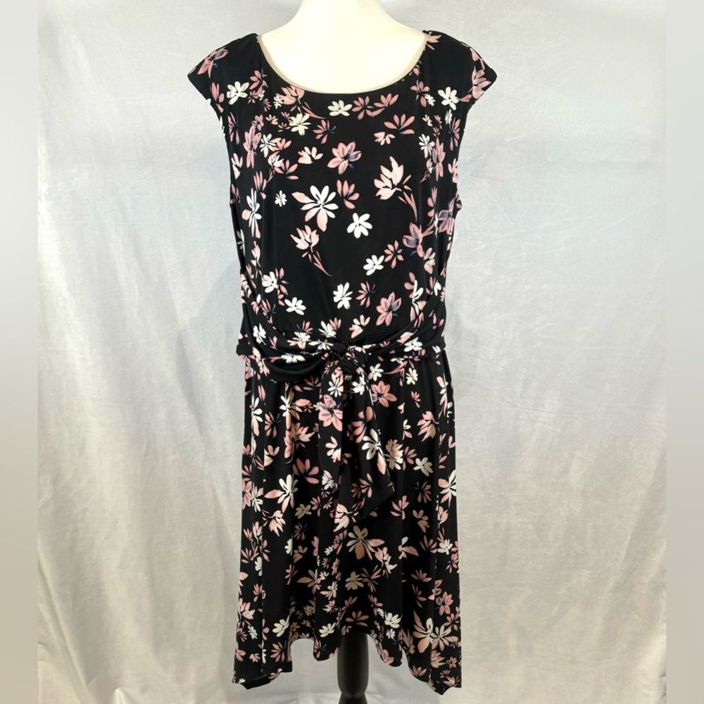 London Style Collection black pink and white tie front floral dress size 12